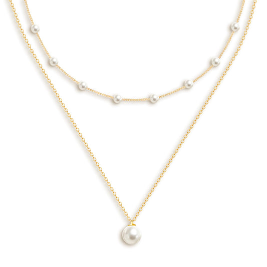 OGD Pearl Necklace for Women Layered Trendy 14K Gold Plated Dainty Pearl Pendant Choker Set Pearls Gold Necklace Stack Simple Cute Jewelry Gifts for Women