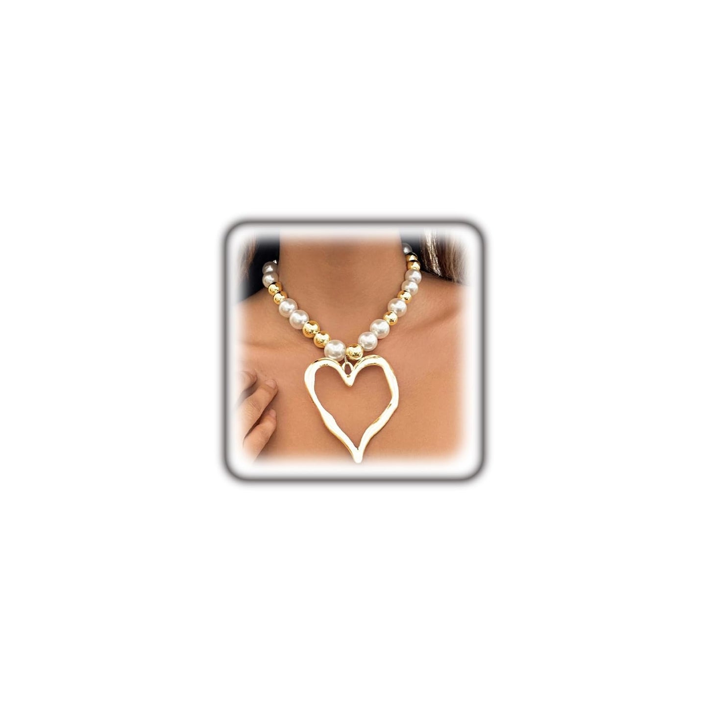 Y2k Large Heart Necklaces for Women Chunky Love Pearl Ball Beads Choker Necklaces Exaggerated Big Hollow Heart Pendant Necklace Statement Jewelry Gifts (Gold1)