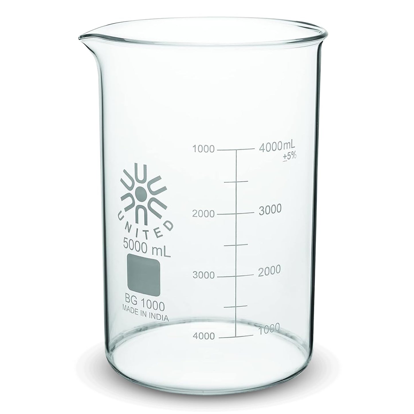 United Scientific™ Glass Beaker 5000mL, Low Form Griffin 3.3 Borosilicate, Double Scale Graduated Lab Beaker, ASTM-E960 Autoclavable Chemistry Glassware for Research, Educators, 1 Each