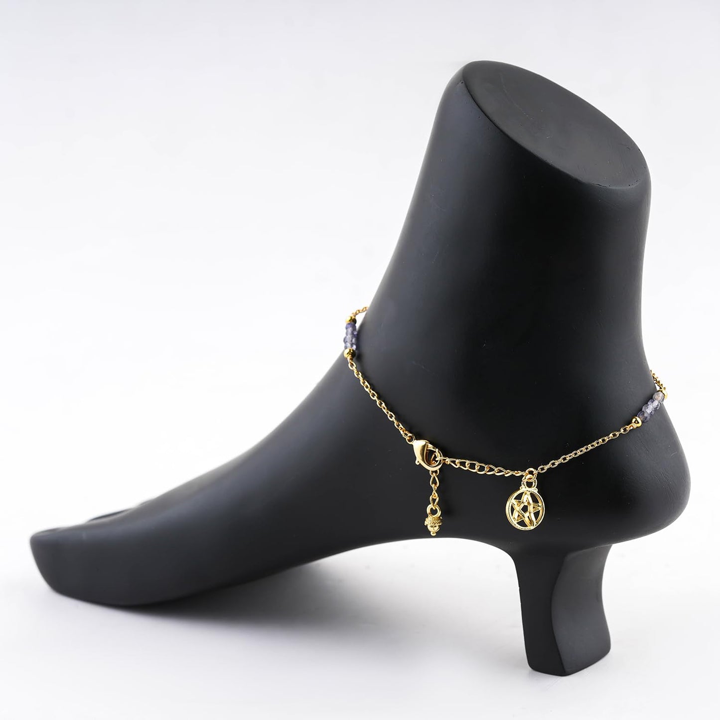 CRYSTALINES Natural Blue Iolite Gemstone Beads, Handmade Station Dangle Star Charms Anklet, 14K Gold Plated, Adjustable Fashion Boho Jewelry for Women, Healing Crystals, Christmas Gift