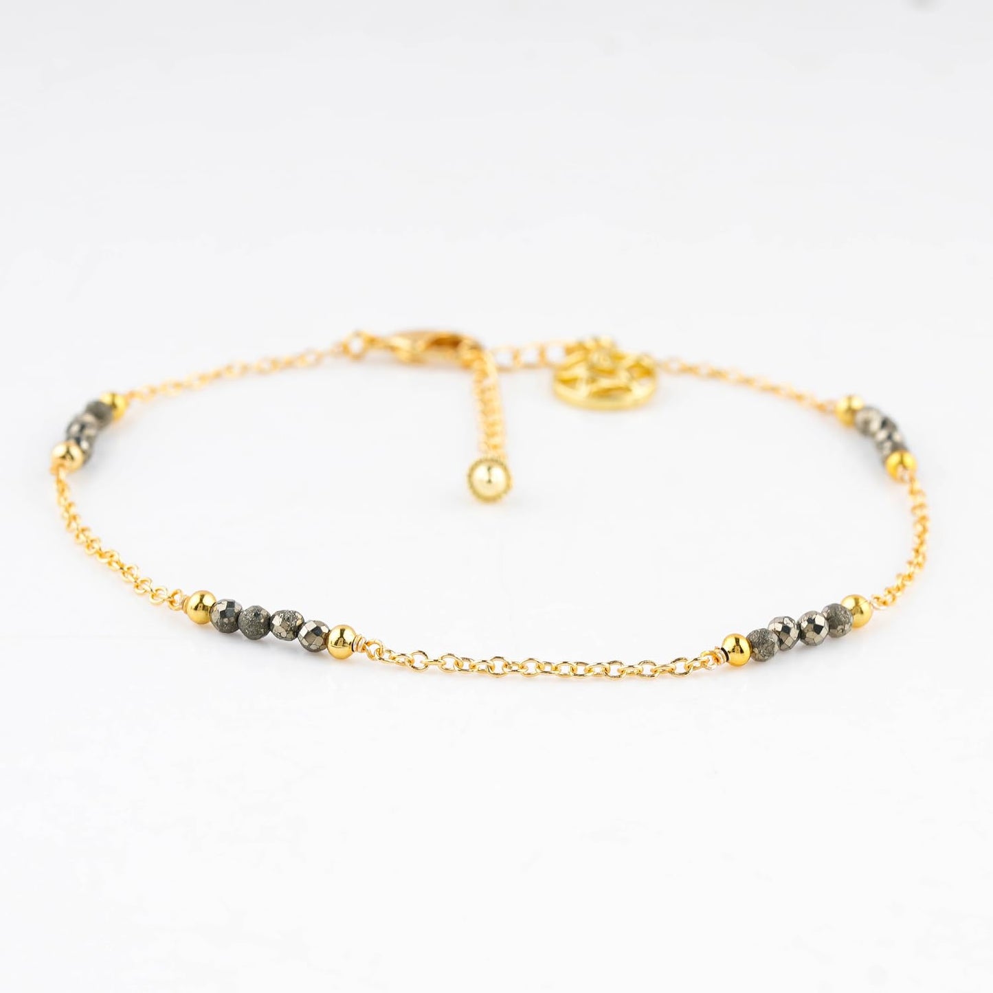 CRYSTALINES Natural Golden Pyrite Gemstone Beads, Handmade Station Dangle Star Charms Anklet, 14K Gold Plated, Adjustable Fashion Boho Jewelry for Women, Healing Crystals, Christmas Gift