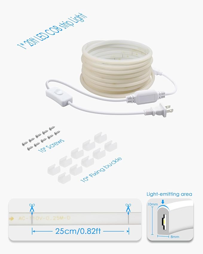 20FT COB LED Strip Light 3000K Warm White AC110V-120V LED Rope Lights Outdoor Waterproof IP65 High Density 288LEDs/M Flexible LED Light Strip with Switch for Garden Bedroom Indoor 6M