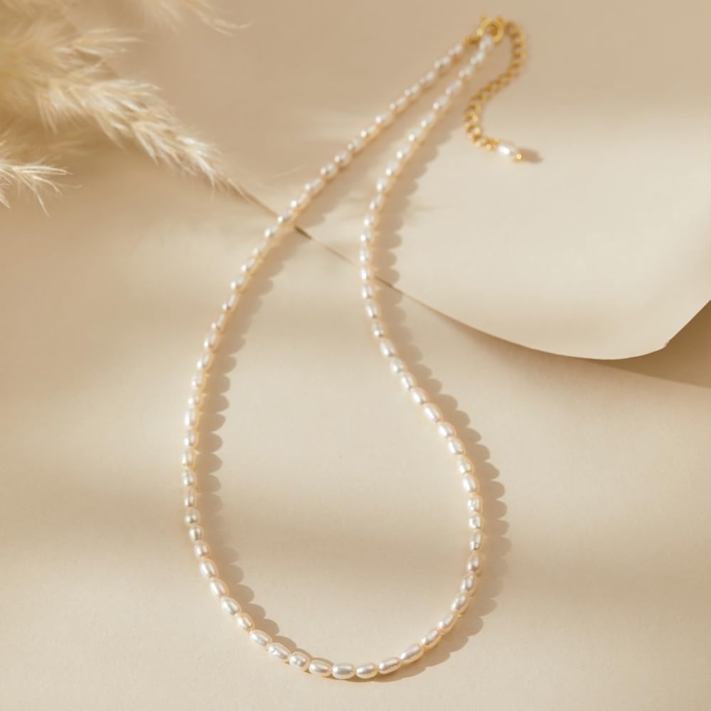 JaruJaru 3mm Handmade Rice Pearl Strand, Small Oval Freshwater Pearls, Essential Minimal Pearl Necklace for Women, 40cm with 5cm Extender, Ideal for Layering