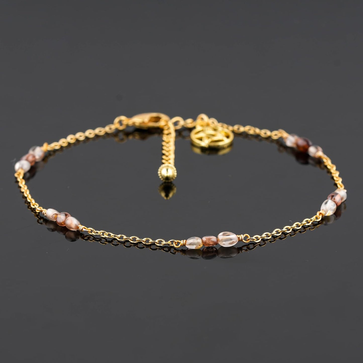CRYSTALINES Natural Imperial Zircon Gemstone Nuggets Beads, Handmade Station Dangle Star Charms Anklet, 14K Gold Plated, Adjustable Fashion Boho Jewelry for Women, Healing Crystals, Christmas Gift