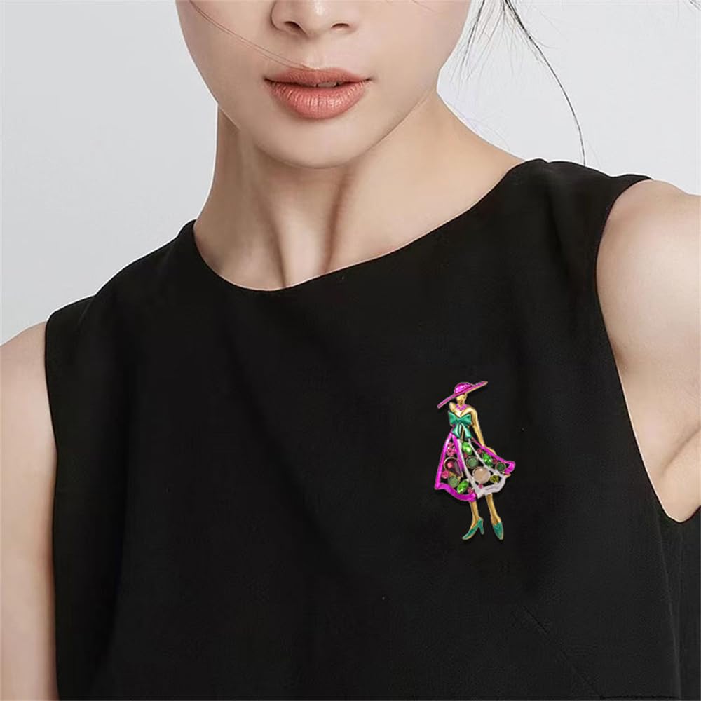 Rhinestone Lady Brooch Pin for Women Girls Fashion Pink Green Crystal Enameled Hat Bag Brooches Lapel Pins Breastpin Sorority Sisterhood Dress Accessories Jewelry Dainty Gift Souvenir