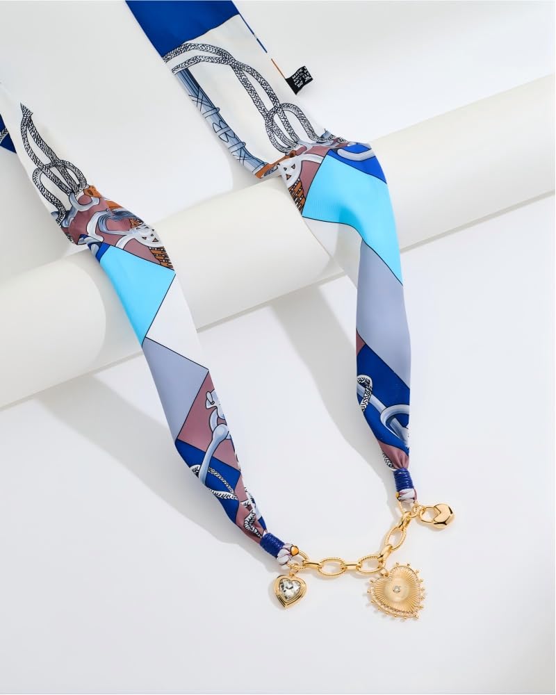 FAUTHENTICUTE Heart Charm Necklace For Women Boho Blue Printed Scarf Necklace Short Summer Statement Necklace Gift Perfect for Western & Boho Styles