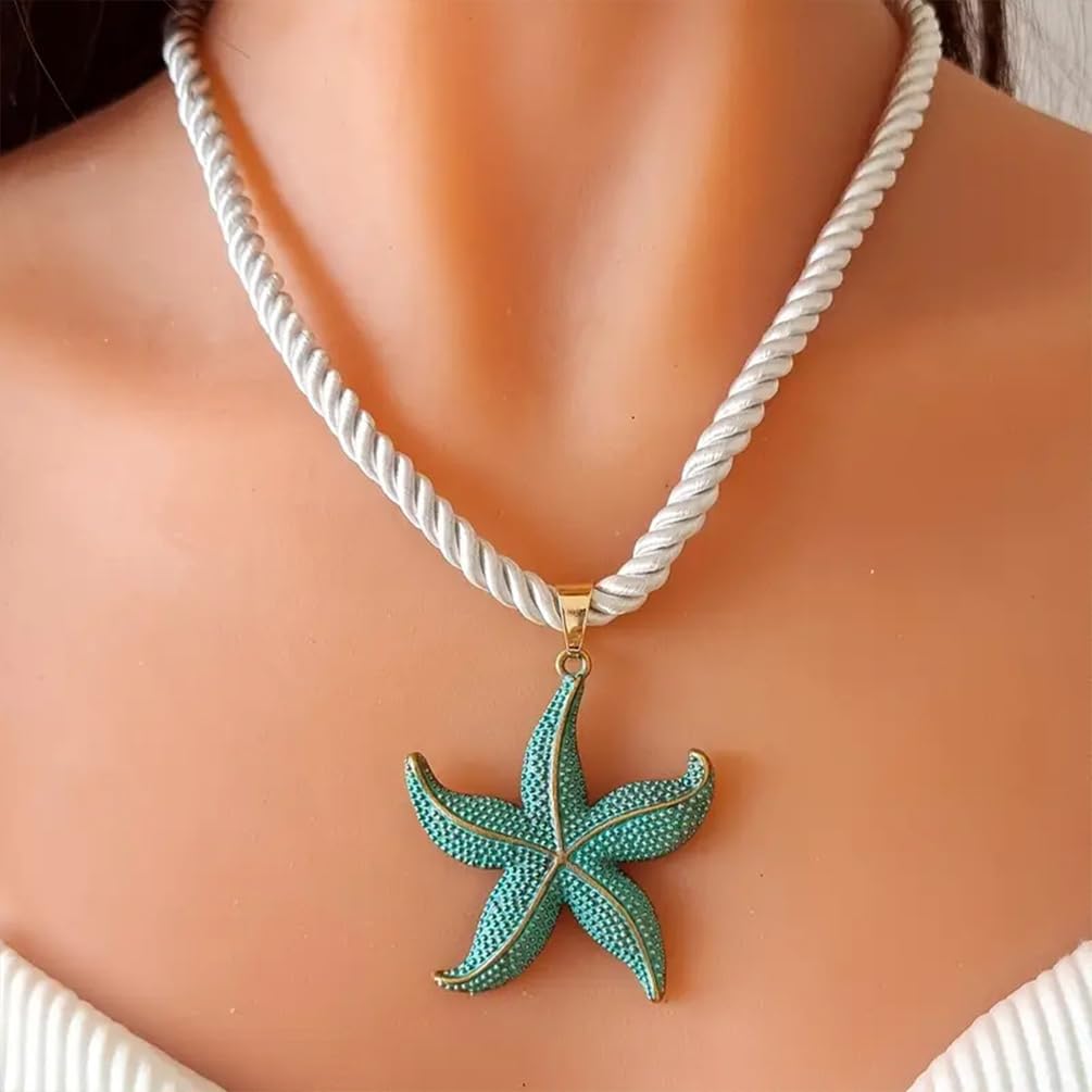 UANXLL Large Gold or Blue Starfish Pendant Necklace, Chunky White Rope Chain Big Sea Star Necklaces for Women Fashion Ocean Style Beach Party Prom Jewelry Gift (Blue)