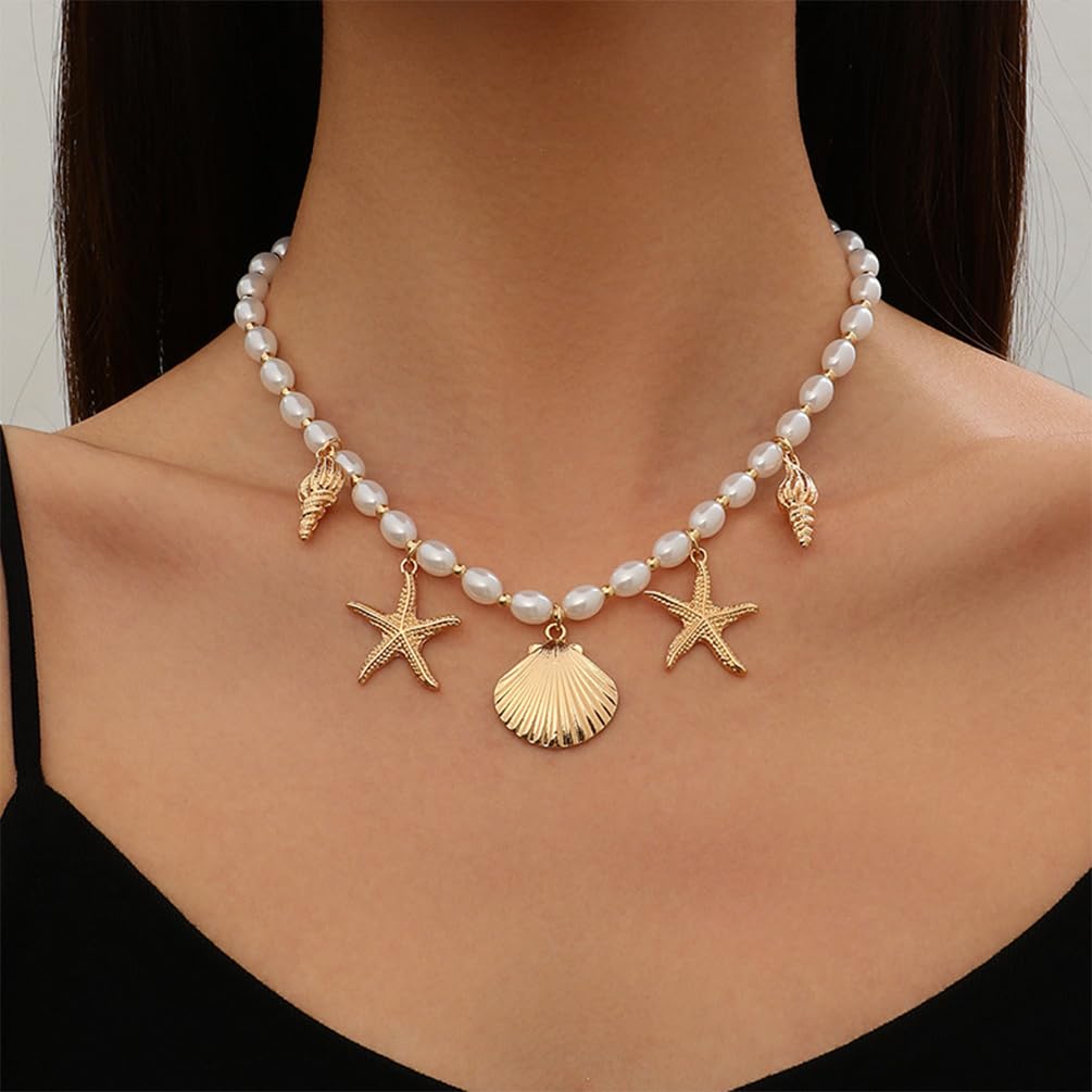 Dainty Gold Starfish Conch Oval Pearl SeaShell Necklace for Women Trendy, Statement Boho Shell Pearls Beaded Chain Necklaces Holiday Beach Party Jewelry (Gold)