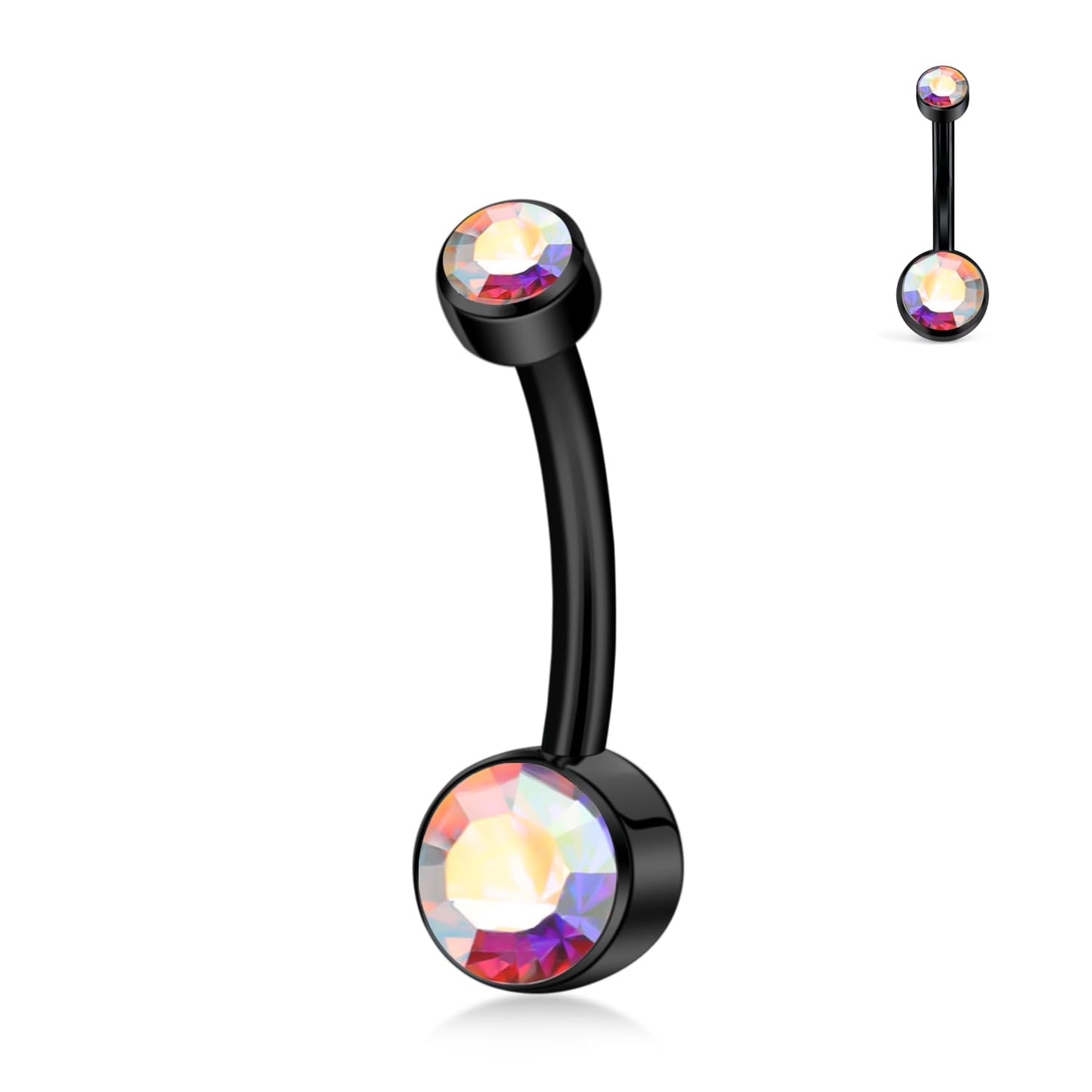 XUU Titanium Belly Button Rings, Black & Silver – 14G Internally Threaded Navel Piercing Jewelry, 10mm & 12mm Curved Barbells with 7 Colors Gems – Hypoallergenic (Black-AB, 10MM)