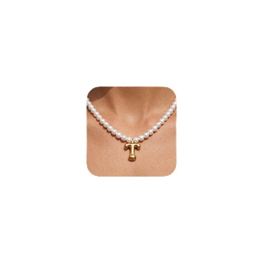 DoDoBeads Pearl Initial Necklace, 18K Gold Plated Stainless Steel Balloon Letter Pendant T, Non-Tarnish Waterproof Chunky Monogram Jewelry Gifts for Women Teens