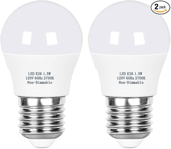 Vgogfly 1.5W Low Wattage Light Bulb - 15W Equivalent 2700K Soft White A15, E26 Base Night Light for Bedroom Nursery Hallway, Energy Saving LED Bulb for Small Lamps & Vintage Fixtures (2-Pack)