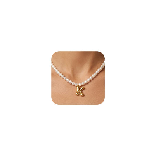 DoDoBeads Pearl Initial Necklace, 18K Gold Plated Stainless Steel Balloon Letter Pendant K, Non-Tarnish Waterproof Chunky Monogram Jewelry Gifts for Women Teens