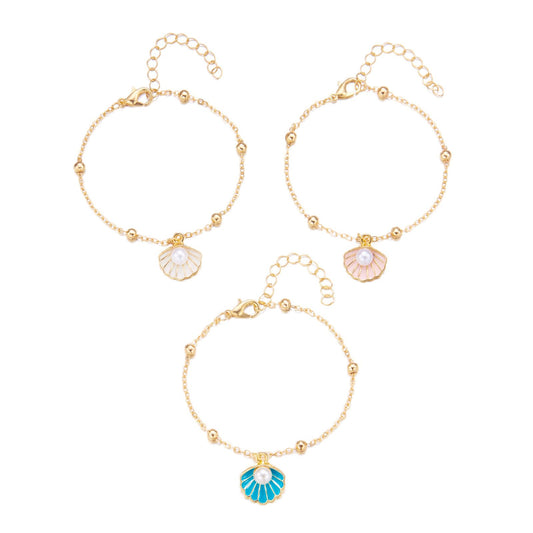 Seashell Pearl Bracelets Set Gold Plated Layered Boho Enamel Pink Sea Shell Starfish Mermaid Conch White Pearls Charm Ankle Bracelet for Women Summer Hawaiian Beach Vacation Fashion Jewelry (3pcs bracelets)