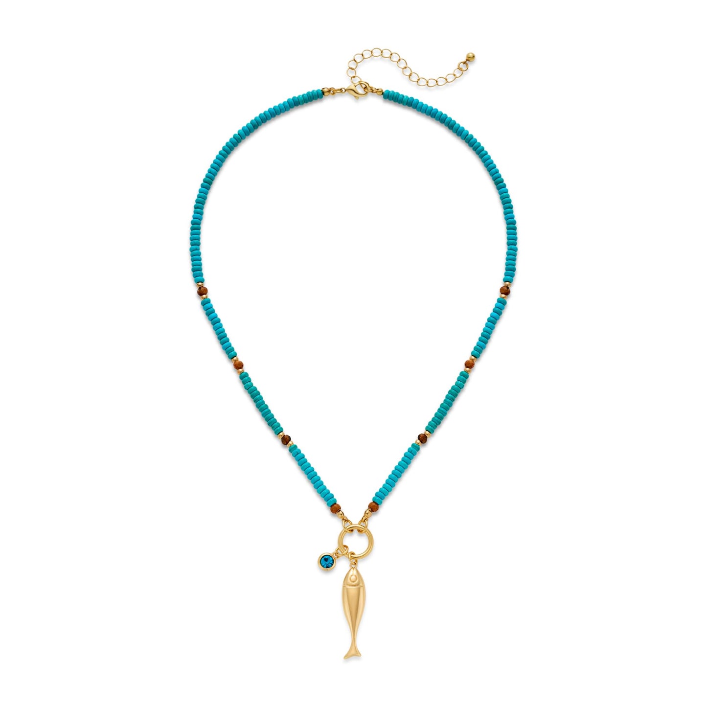MYCUTEY Cute Fish Necklace For Women Blue Beaded Strand With a Gold Fish Pendant Adjustable Beaded Necklace Summer Beach Turquoise Jewelry