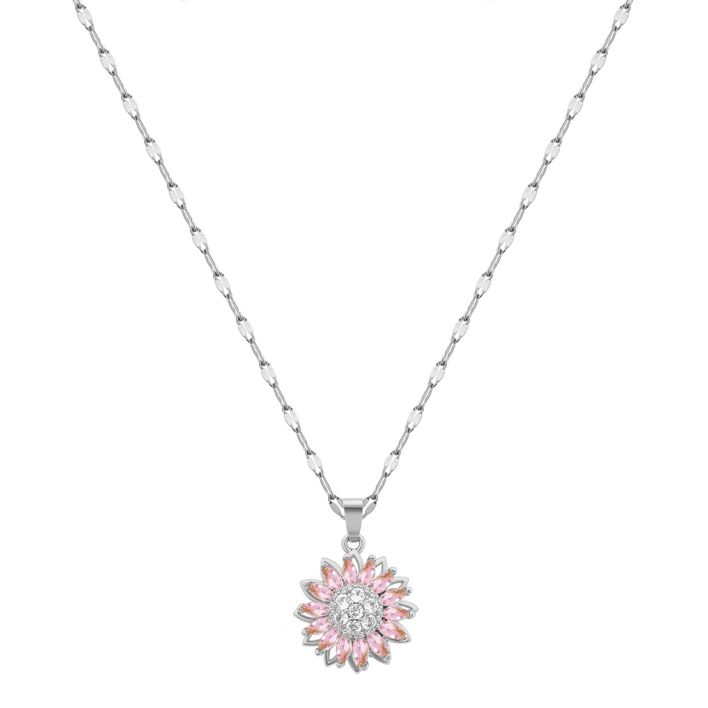 KONPJE Sunflower Fidget Necklace for Women Gold Moon Necklace Rotating Heart Necklaces Spinning Crystal Sunflower Anxiety Necklaces Crescent Moons Jewelry Accessories (SilverPink)