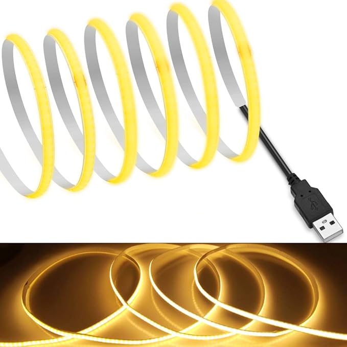 MDee】USB COB Tape Light LED Strip.9.84ft/3m- Flexible 5mm Hidden DC 5V LED Tape with 320 LEDs/m for Warm (2700K) Lighting. Cuttable, Shapeable, USB Powered. Ideal for Kitchen