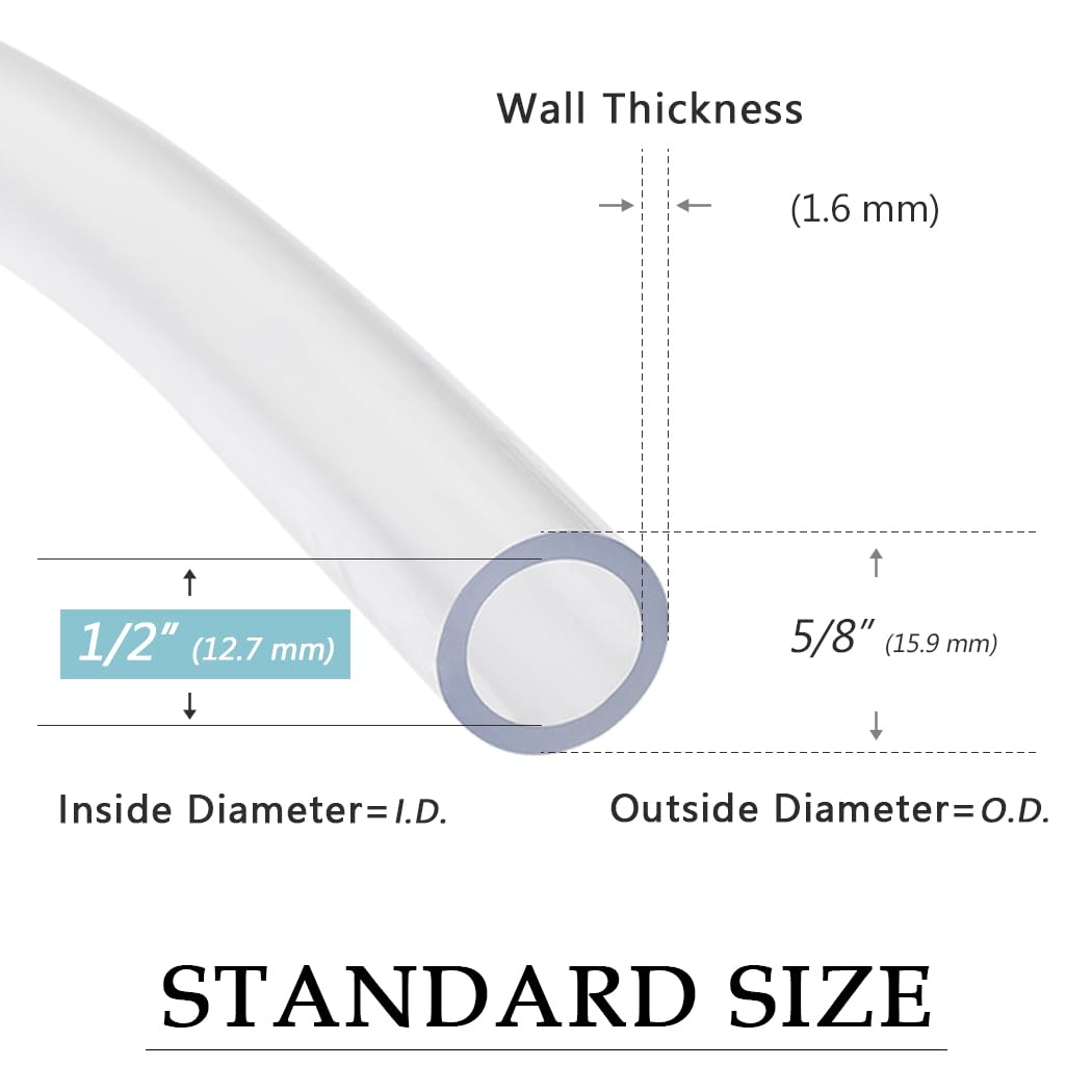 DAVCO 1/2" ID - 10 ft Clear Vinyl Tubing, Low Pressure Flexible PVC Tube, Heavy Duty UV Chemical Resistant Lightweight Plastic Vinyl Hose, BPA Free and Non Toxic, with 2 Stainless Clamps