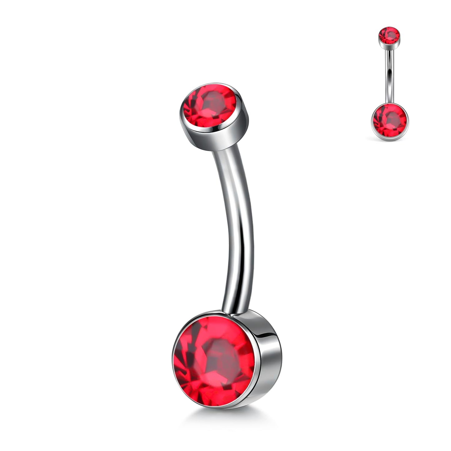 XUU Titanium Belly Button Rings, Black & Silver – 14G Internally Threaded Navel Piercing Jewelry, 10mm & 12mm Curved Barbells with 7 Colors Gems – Hypoallergenic (Silver-Red cz, 10MM)