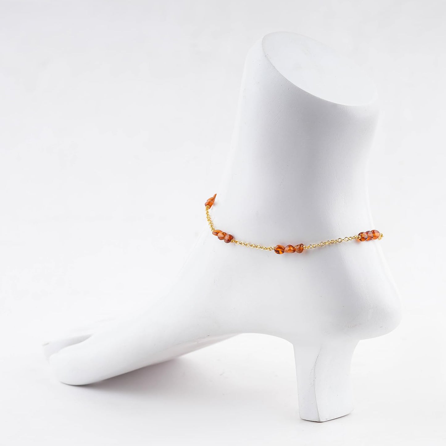 CRYSTALINES Natural Spessartite Garnet Gemstone Nuggets Beads, Handmade Station Dangle Star Charms Anklet, 14K Gold Plated, Adjustable Fashion Boho Jewelry for Women, Healing Crystals, Christmas Gift
