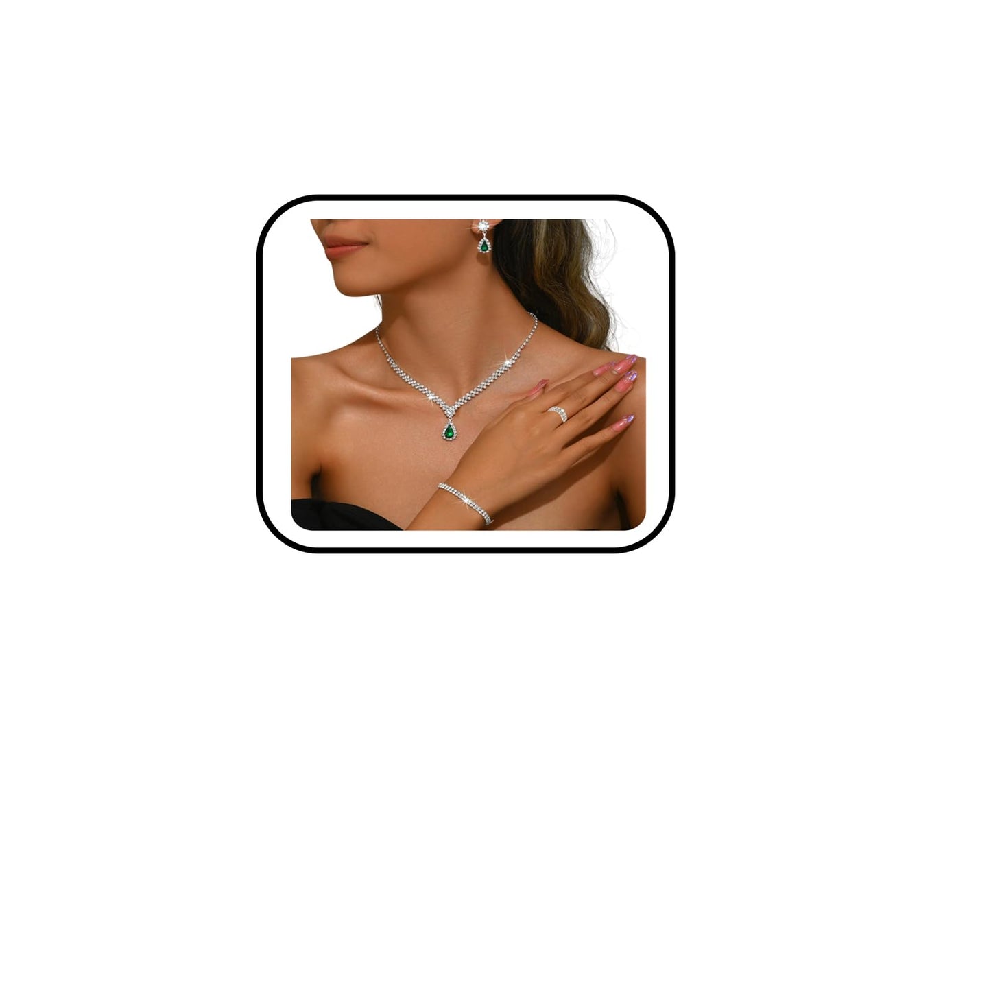 IS4U Rhinestone Water Drop Set for Women Bridal Wedding Vintage Colourful Crystal Zircon Statement Necklace Ring Earrings Bracelet Set Party Dress Ball Fashion Jewellery (Green)