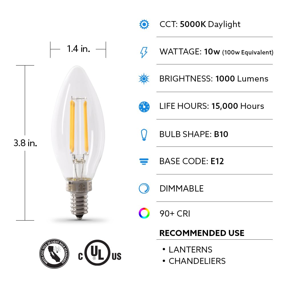 Feit Electric LED Candelabra Light Bulb, 100W Equivalent, Dimmable, E12 Base, 5000K Daylight, B10 Filament Torpedo Tip Decorative Lighting Bulbs, 13-Year Lifetime, BPCTC100950CAFIL/2/6, 12 Pack