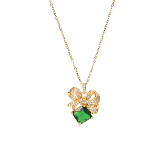 Emerald Square Bow Necklace for Women-Gold Plated May Birthstone Healing Crystal Vintage Necklace For Valentines Day Mother's Day Christmas Birthday Gifts