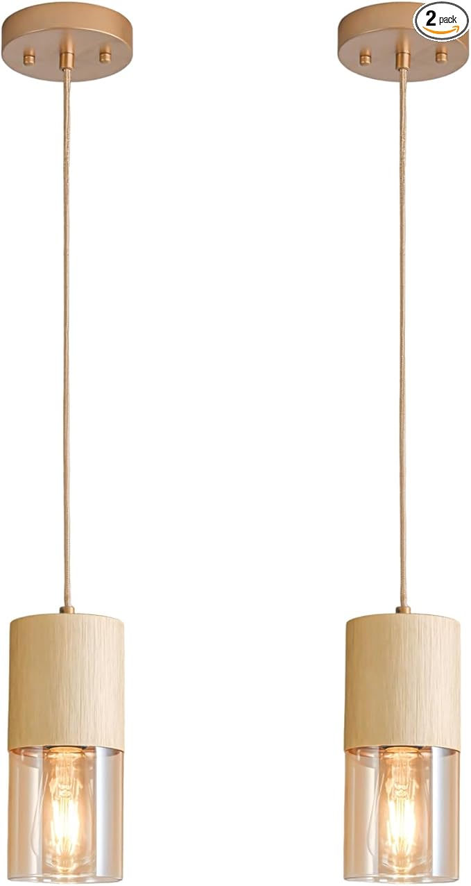Pendant Light Fixtures, Adjustable Modern Pendant Lights for Kitchen Island, Industrial Amber Glass Pendant Lights for Dining Table Hallway Bedroom Living Room, Gold, 2 Pack