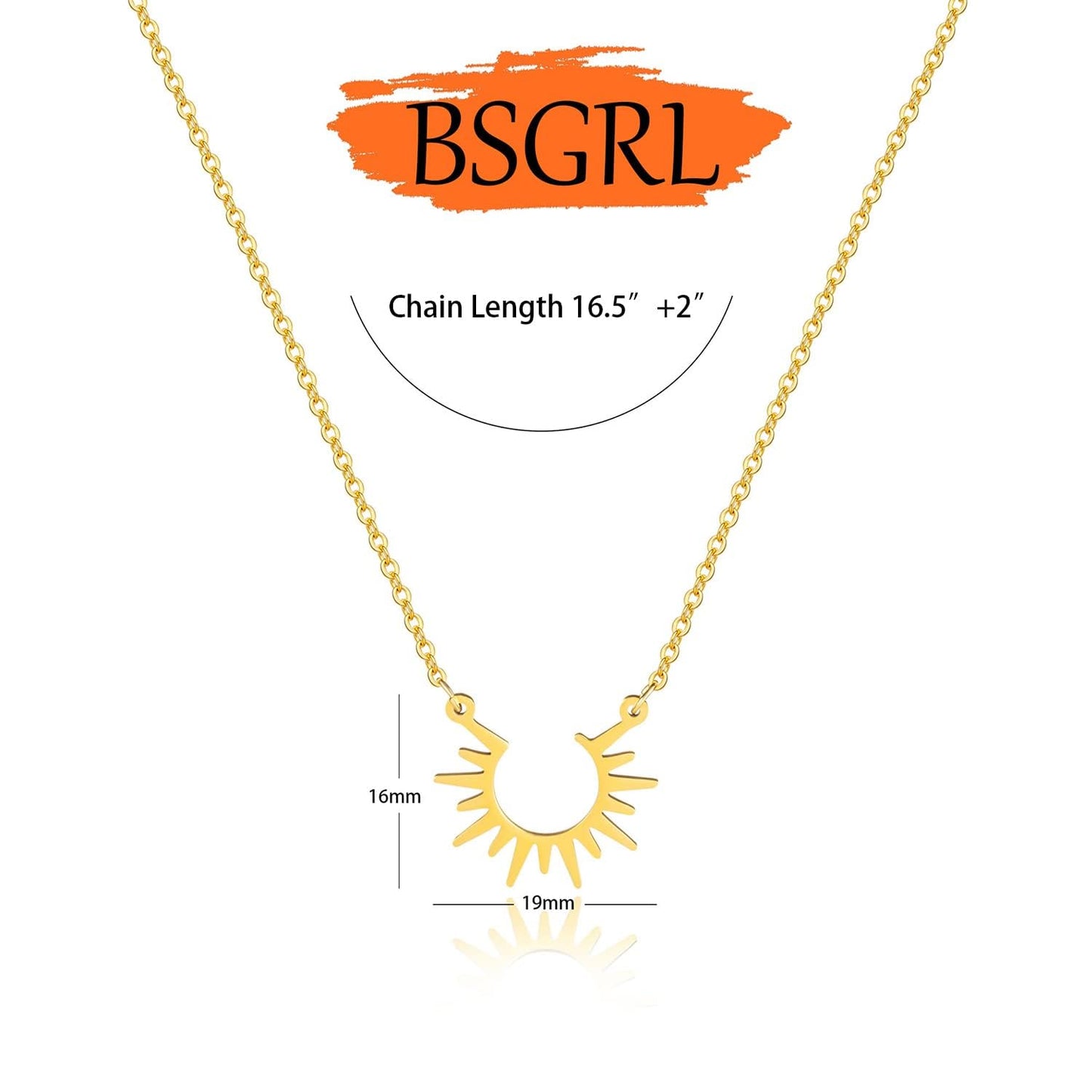 BSGRL Gold Necklace for Women-14K Gold Plated Dainty Sun Solar Light Pendant Necklace 16.5”+2” ext