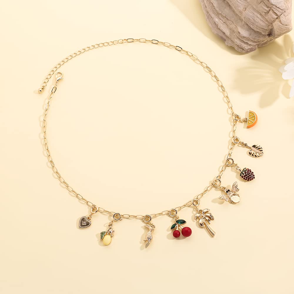 Rambling Rose 14K Gold Plated DIY Fruit Charm Necklace, Summer Tropical Fruit Cherry,Strawberry Crystal Statement Pendant Necklace For Women
