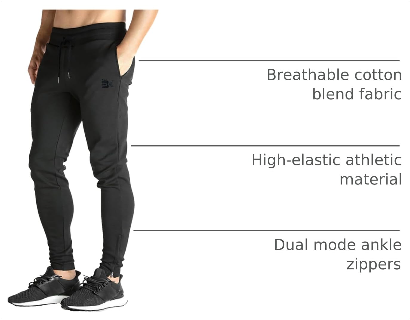 BROKIG Mens Zip Jogger Pants - Casual Gym Fitness Trousers Comfortable Tracksuit Slim Fit Bottoms Sweat Pants with Pockets (Large, Black)