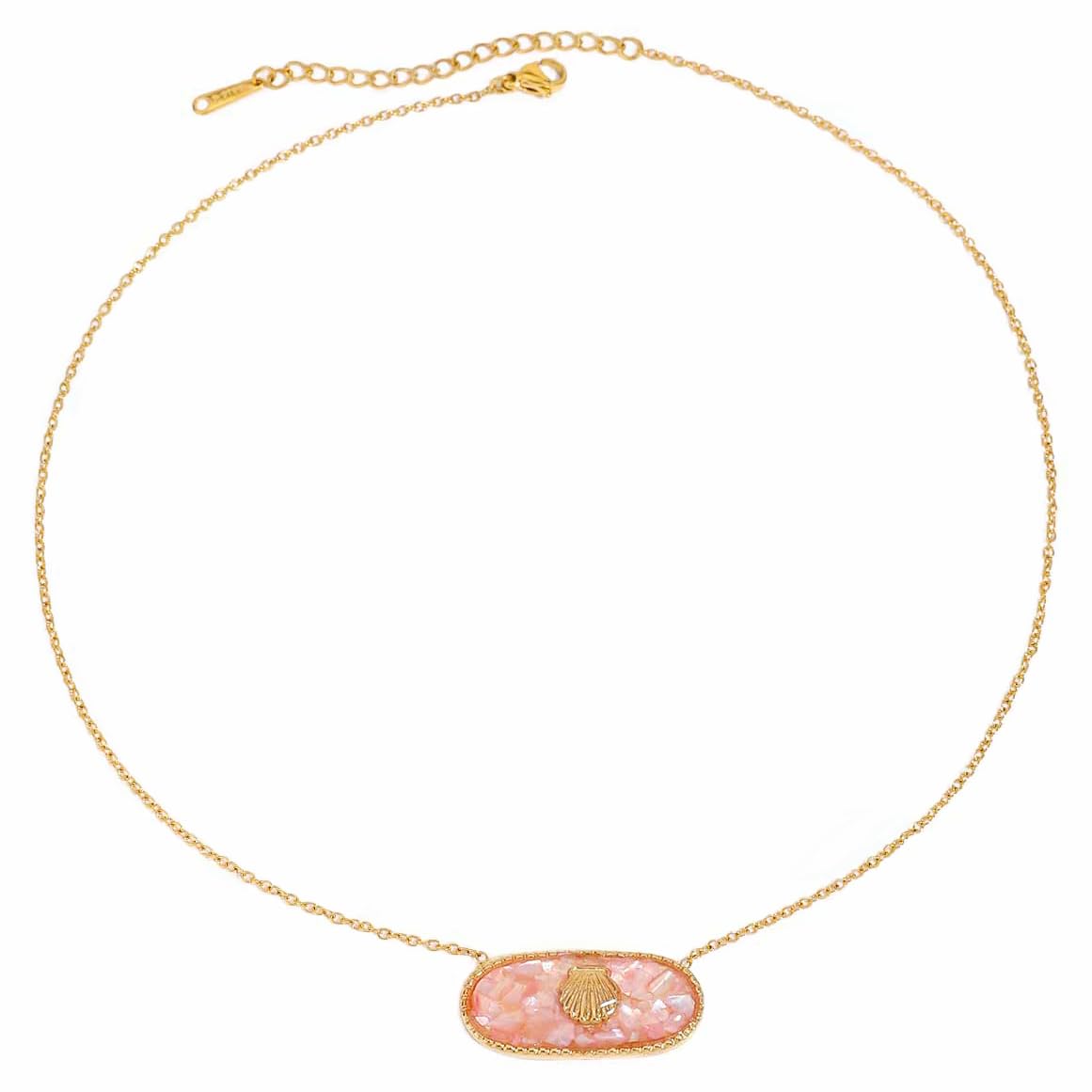 NUZON Enamel Seashell Pendant Necklace for Women Delicate 14K Gold Plated Chain Dangling Oval Inlay Pink Shell Necklace Ocean Cute Jewelry Gift Adjustable 16''