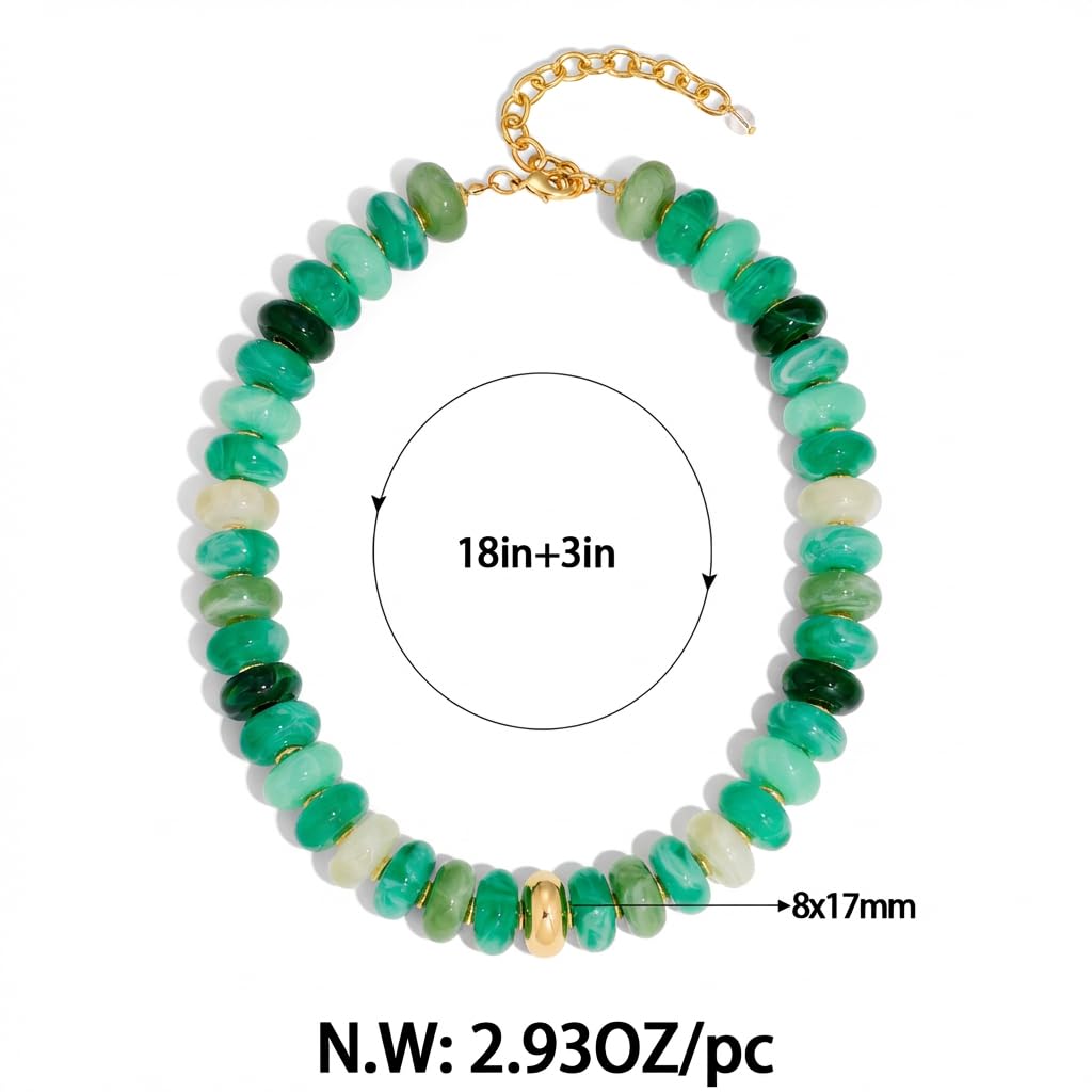 FAUTHENTICUTE Gradient Green Beaded Choker Necklace for Women Chunky Resin Bead Statement Necklace Trendy Boho Jewelry Gift For Beach Vacation
