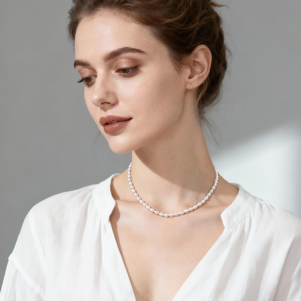 JaruJaru 4mm Handmade Rice Pearl Necklace for Women, Small Oval Freshwater Pearl Strand, Essential Minimalist Jewelry, 16-18 Inch Adjustable