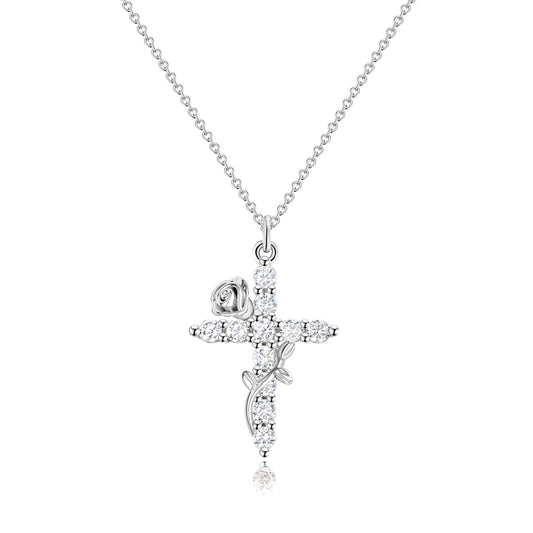 Robaice Flower Cross Necklace for Women, Sterling Silver Plated Dainty Cubic Zirconia Faith Cross Pendant, Christian Religious Jewelry Gifts
