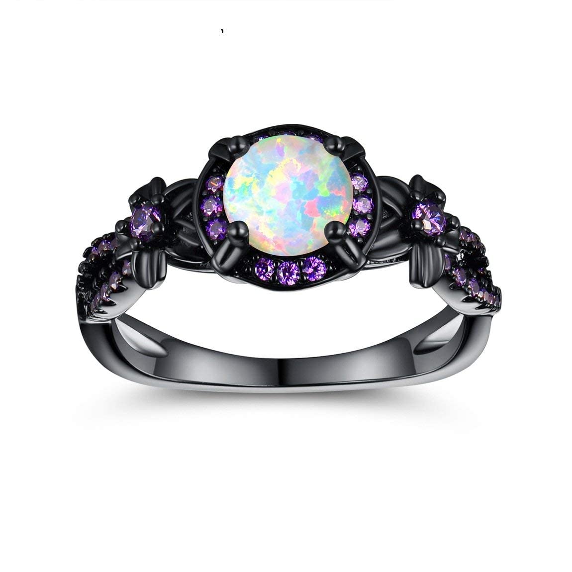 18K Black Gold Plated White Fire Opal Rings for Women October's Birthstone Gemstone Created Amethyst Eternity Wedding Engagement Promise Band (7)