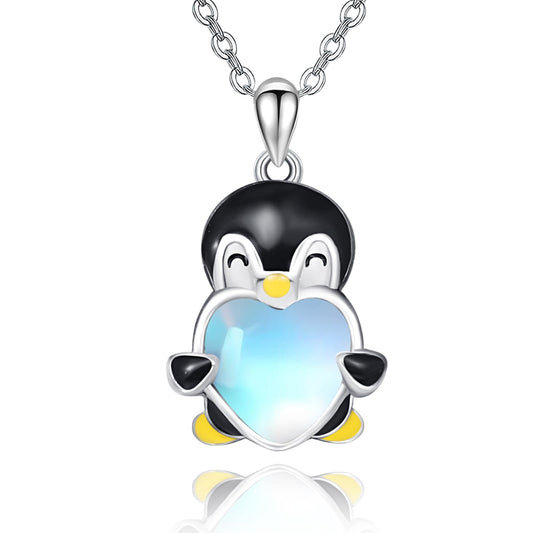 Dreamboat Penguin Pendant Necklace for Women 925 Sterling Silver Moonstone Animal Jewelry Christmas Birthday Gifts for Penguins Lovers