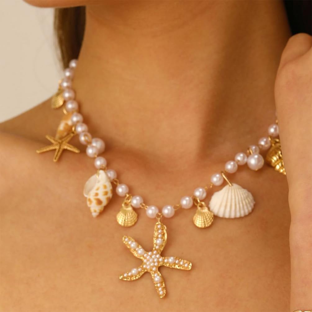 Charming Beachy Sea shell star Starfish Necklace for Women, Dainty Boho Beaded Pearl Seashell Conch Choker Necklaces Cute Beach Holiday Jewelry Accessories (Gold)