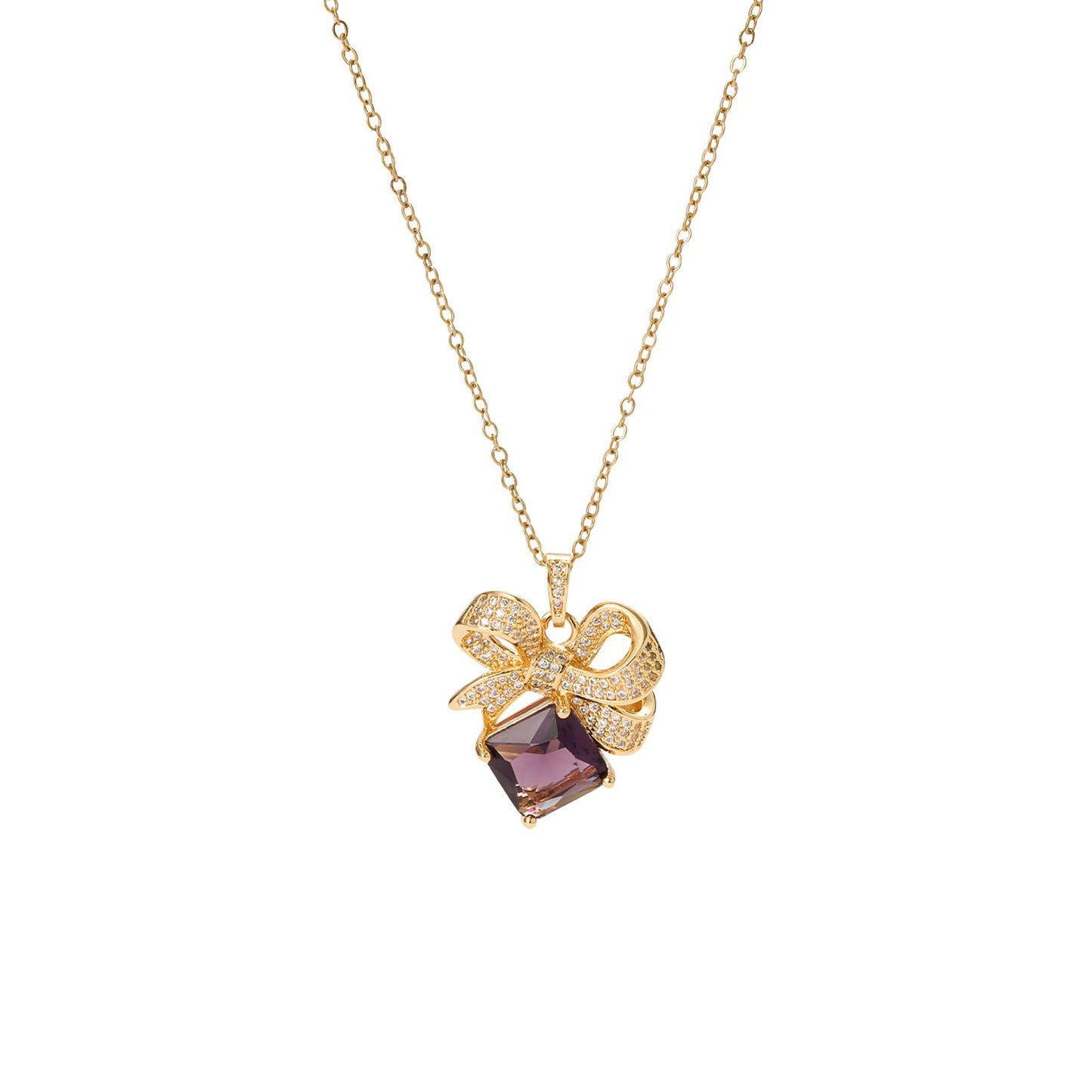 Purple Baroque Square February Birthstone Amethyst Bow Necklace for Women-Gold Plated Amethyst Pendant Waterproof Non Tarnish Maximalist Jewelry Necklace Birthday Valentines Day Mother's Day Christmas Thanksgiving Gifts