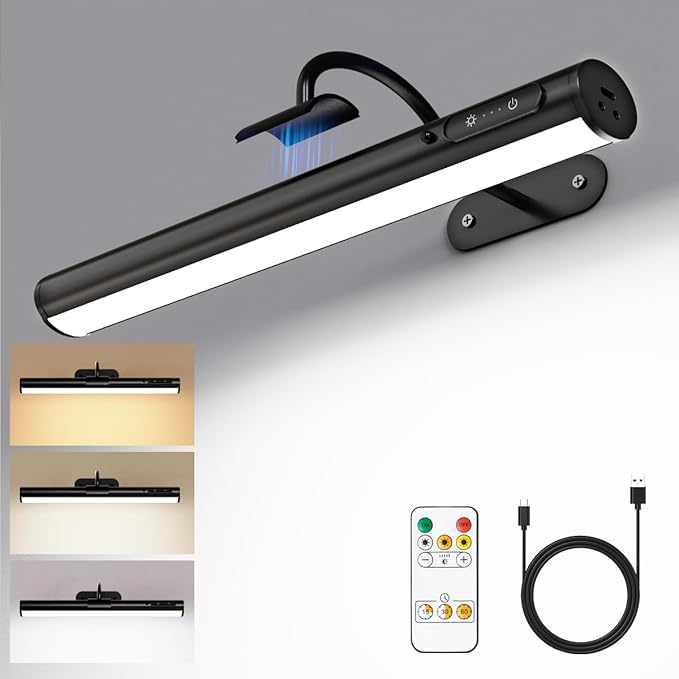 Wireless Rechargeable Picture Light, Battery Operated Art Wall Sconce with Remote Control, Magnetic Dimmable LED Picture Frame Lights for Paintings Mirror Portrait Gallery Dart Board Indoor - Black