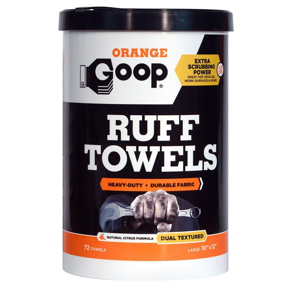 GOOP Orange Heavy Duty Ruff Towels with Scrubbing Power, 10” x 12” Dual Textured Multi-Purpose Cleaning Wipes, Removes Dirt, Grease, Oil, 72 Count