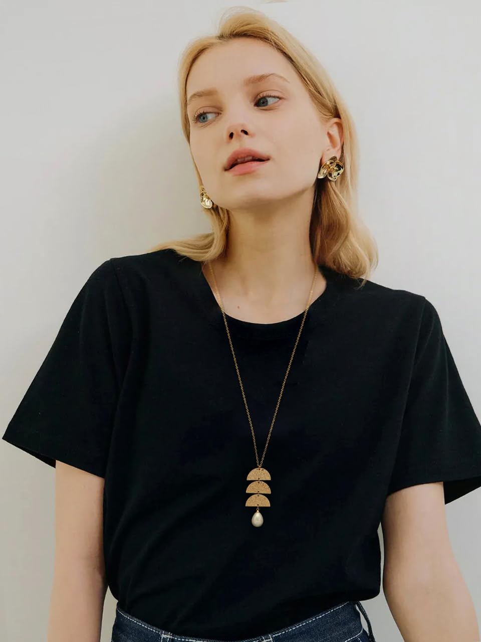 PERNNLA PEARL Dainty Pearl Pendant Necklaces Simple Gold Plated Chain Long Necklace for Women Trendy Statement Sweater Chain Necklaces