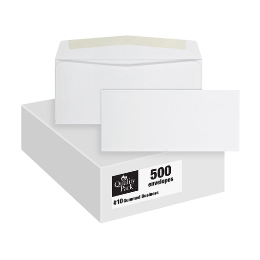 Quality Park #10 Envelopes, Letter Size White Mailing Envelopes, 4-1/8x9-1/2 Inch, No Window Business Envelopes, Gummed Closure, 500/Box (QUA90020)