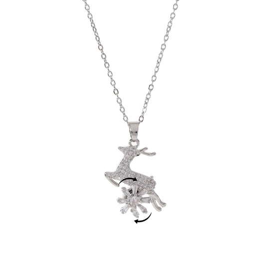 KONPJE Sunflower Fidget Necklace for Women Gold Moon Necklace Rotating Heart Necklaces Spinning Crystal Flower Anxiety Necklaces Crescent Moons Jewelry Accessories (Silver Deer)