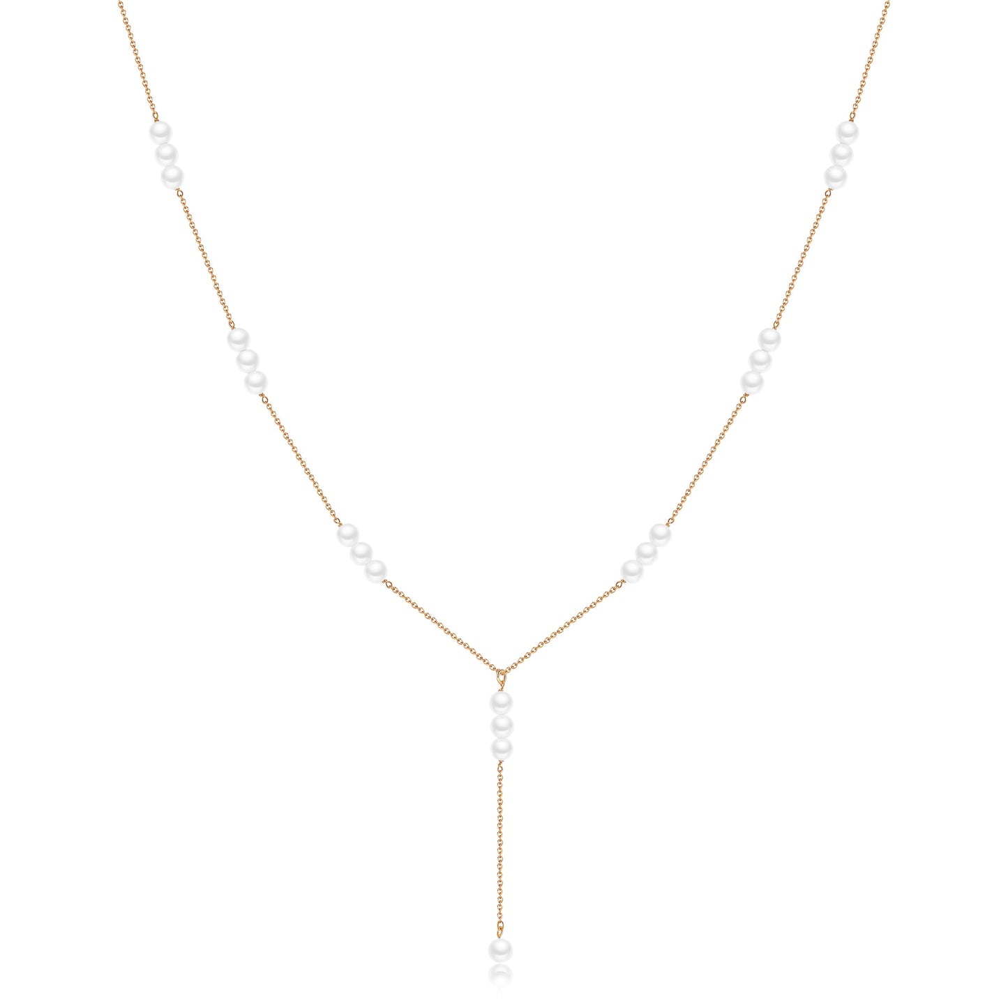 Caenyo Pearl Lariat Necklace for Women, 14K Gold Plated Dainty Y-Shaped Necklace with 3 Freshwater Cultured Pearls, Adjustable Long Drop Chain Jewelry Gift