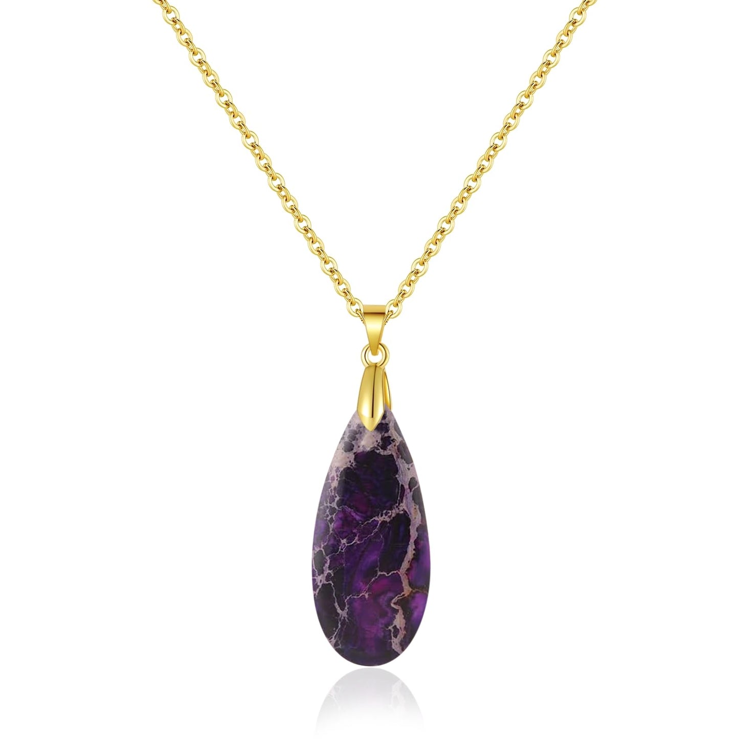 Sriomu Natural Healing Stone Chain Necklaces for Women Teardrop Gemstone Pendant Statement Gold Necklace (Light Purple-Gold)