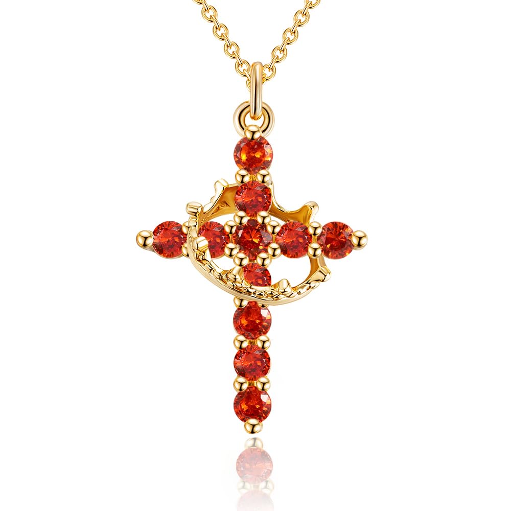 Robaice Birthstone Crown Cross Necklace for Women, Gold-Plated Christian Faith Necklace, Cross Jewelry Gift for Women, July Red Ruby Gift