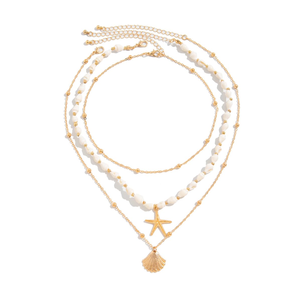SRUCVOU Layered Shells Starfish Scallop Pendant Necklace For Women Coastal Beach Holiday Beaded Chain Necklace Gold Tone Ocean Style Vacation Jewelry (Gold)