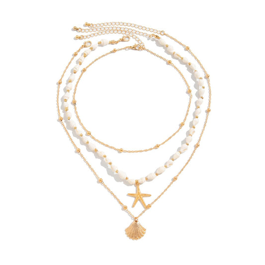 SRUCVOU Layered Shells Starfish Scallop Pendant Necklace For Women Coastal Beach Holiday Beaded Chain Necklace Gold Tone Ocean Style Vacation Jewelry (Gold)