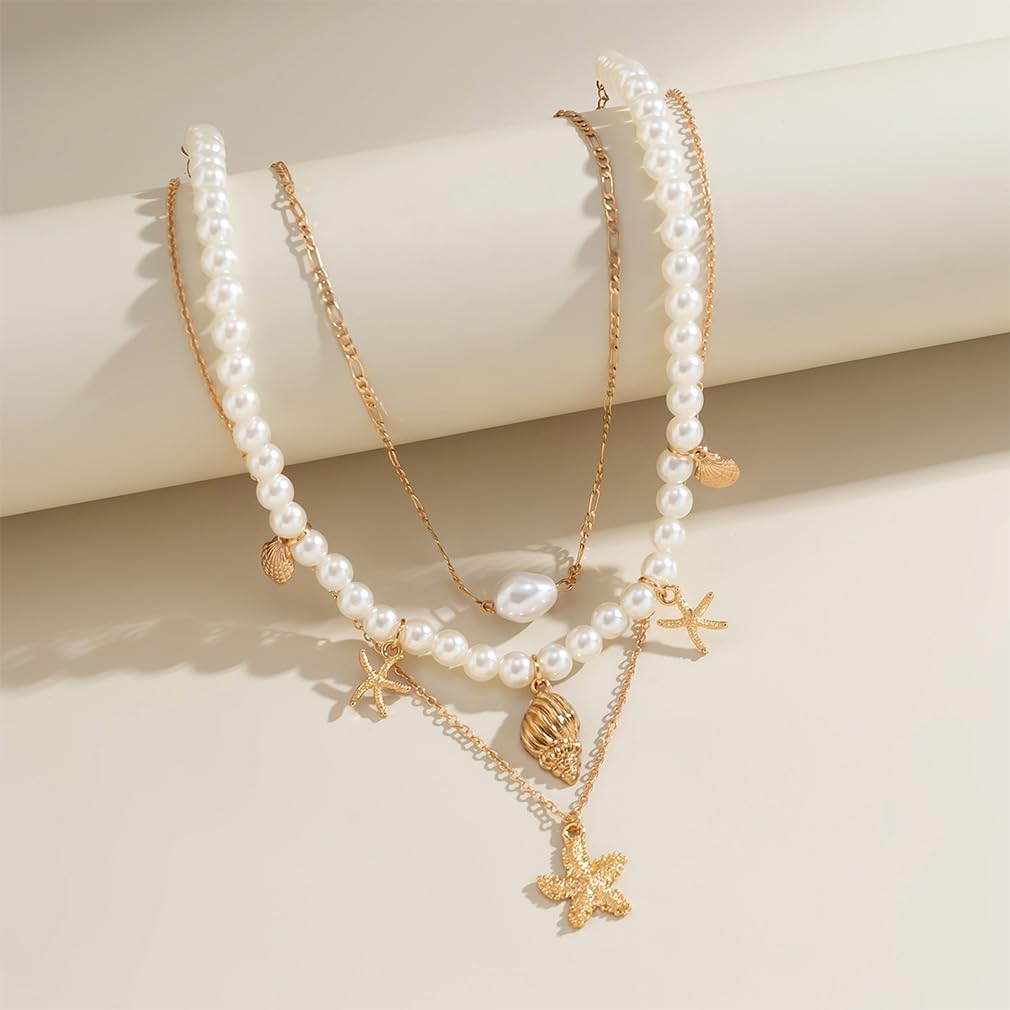 Chunky Gold Layered Pearl Starfish Statement Necklace Dainty Beach Pearls Beaded Seashell Choker Stacked Conch Sea Shell Necklaces Trendy Hawaiian Beachy Jewelry for Women (Gold)
