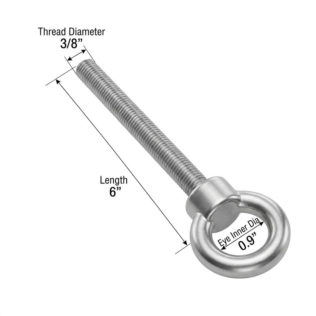 QWORK 3/8"x6" Stainless Steel Shoulder Eye Bolts – 10 Pack Machine Thread Set with Nuts for Metal Frame, Rigging & Cable Mounting